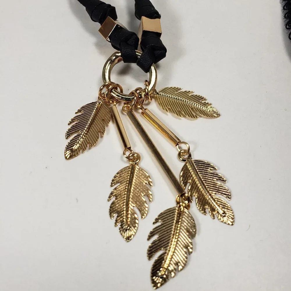 Set of 2 Chokers Gold tone Black Faux Leather Cord leaf charms, Women's Jewelry